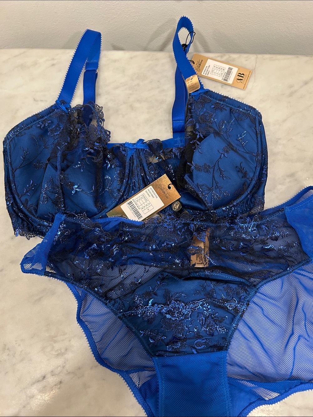 NWT Dita Von Teese Victresse Blue Foil Balconette Bra and Panty